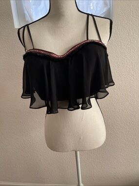 bebe Black Flowy Spaghetti Strap Ruffle Camisole with Embroidered Trim